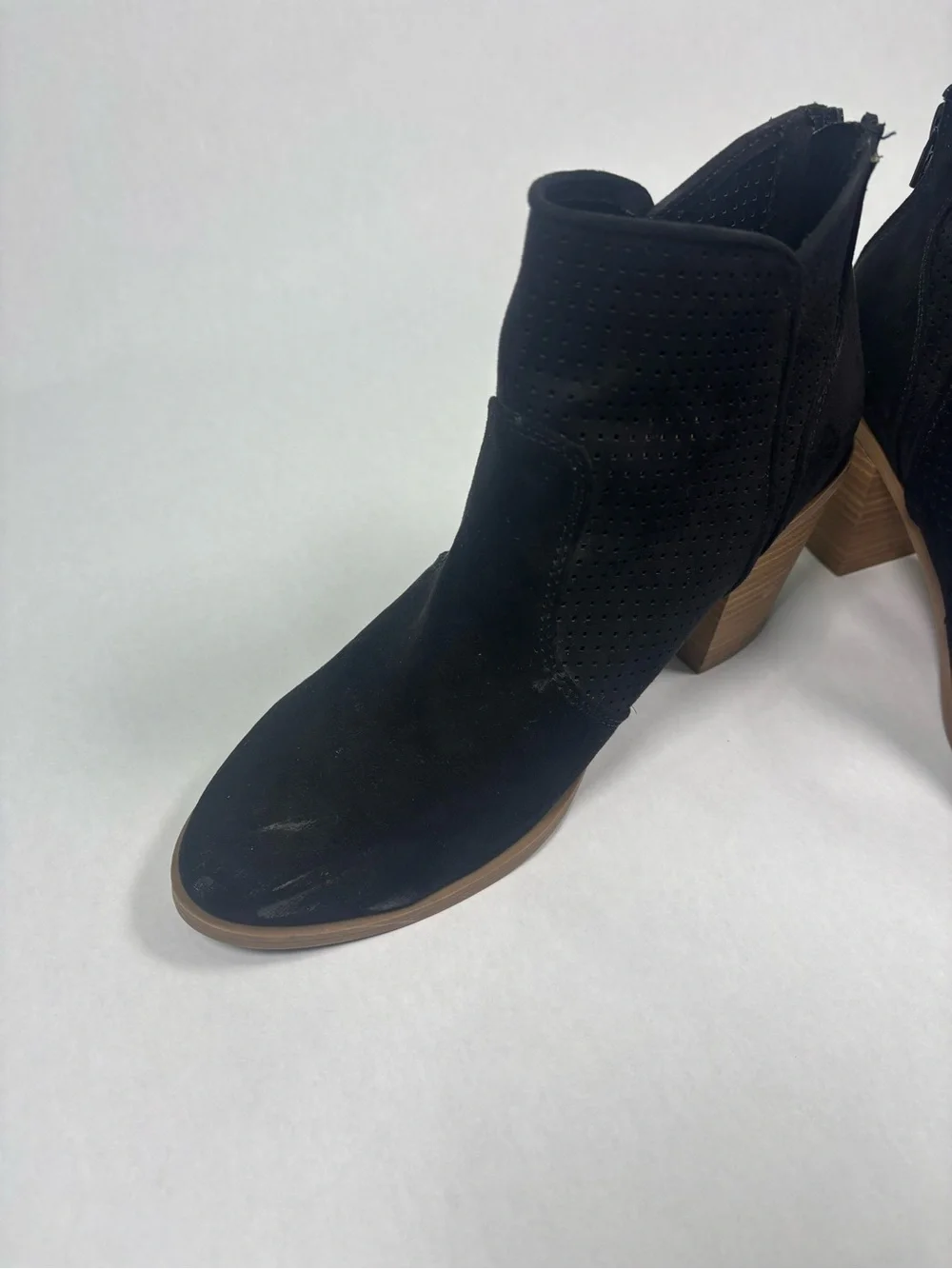 Black Suede Ankle Booties with Block Heel - Women's